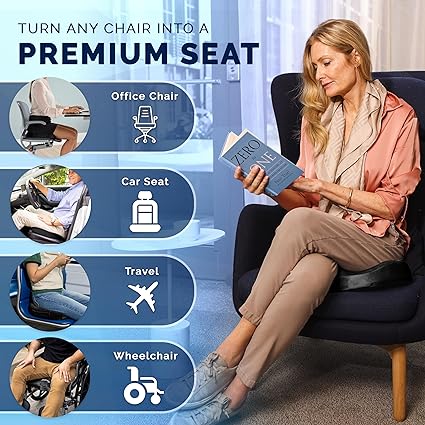 Memory Foam Gel Seat Cushion - for Office Chair, Car Seat, Airplane, Bleacher - Sciatica & Hip & Coccyx Pain Relief Desk Chair Cushion for Long Sitting Office Workers, Car Drivers